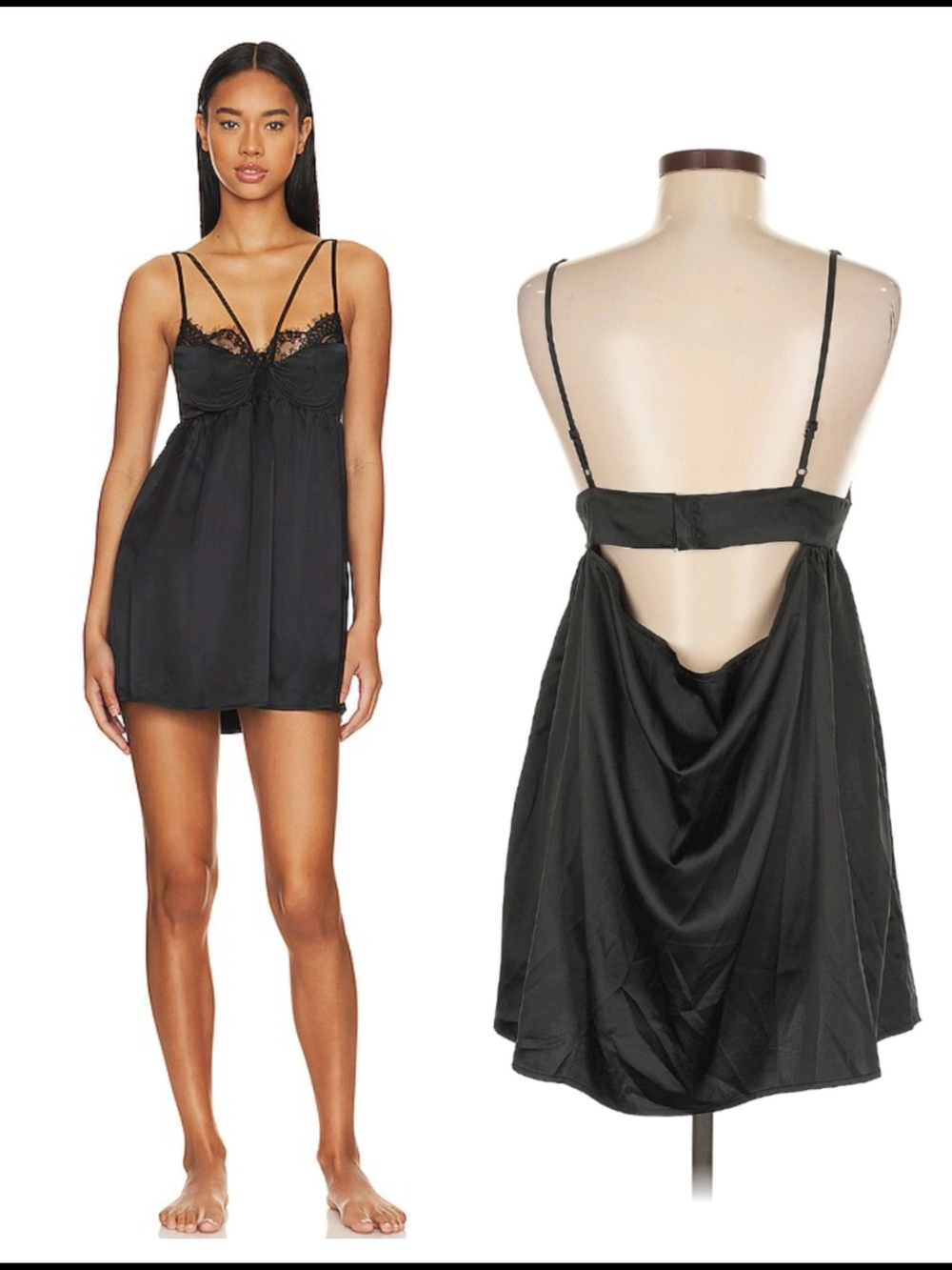superdown Black Satin Lace-Trim Mini Chemise
